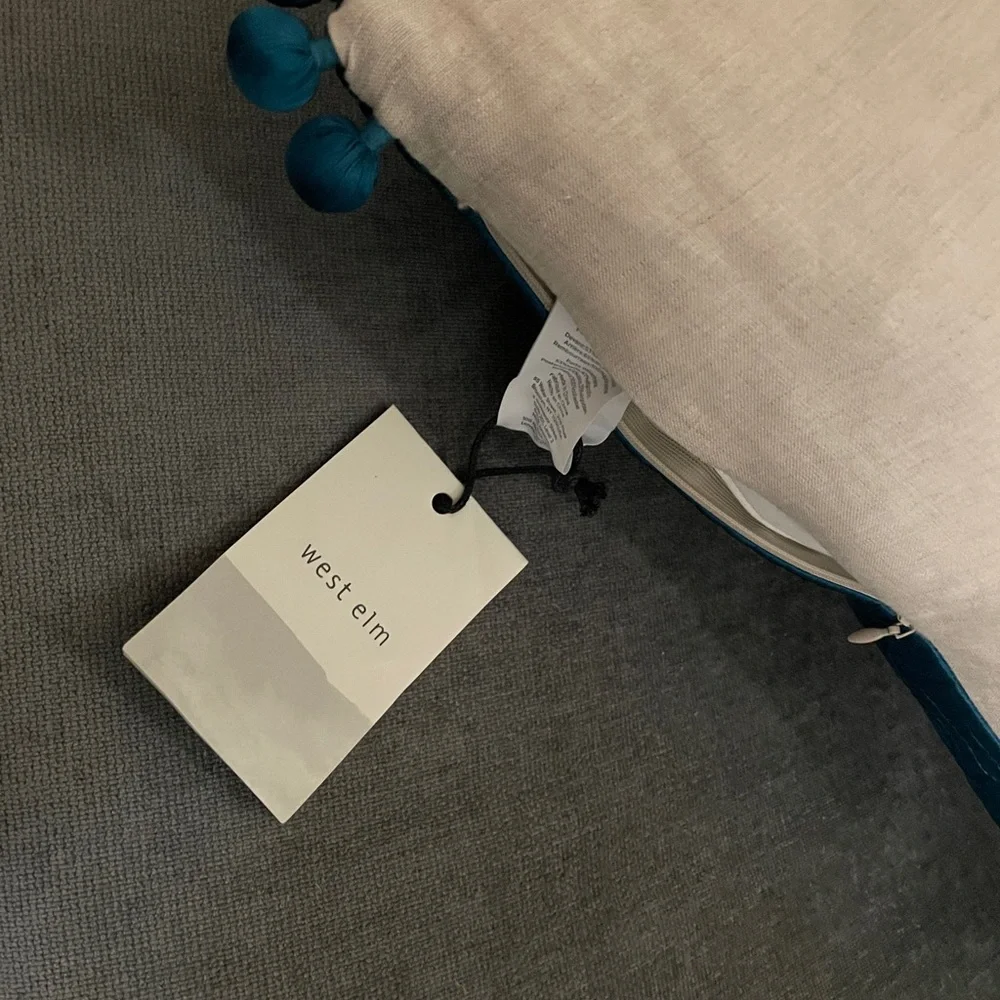 NWT West Elm Teal Silky Quilted Accent Pillow cover with Pom Trim 18”x18”